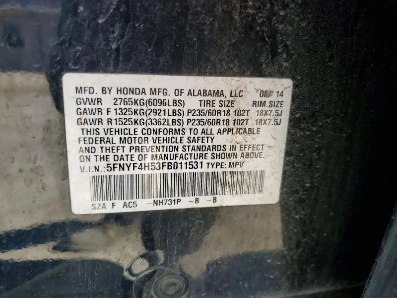 2015 HONDA PILOT EXL  