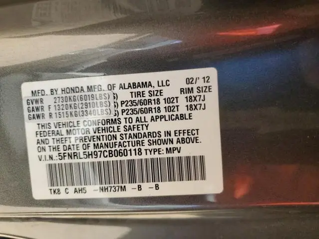 2012 HONDA ODYSSEY TOURING  