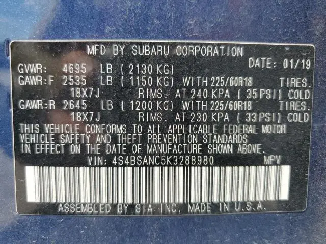 2019 SUBARU OUTBACK 2.5I LIMITED  