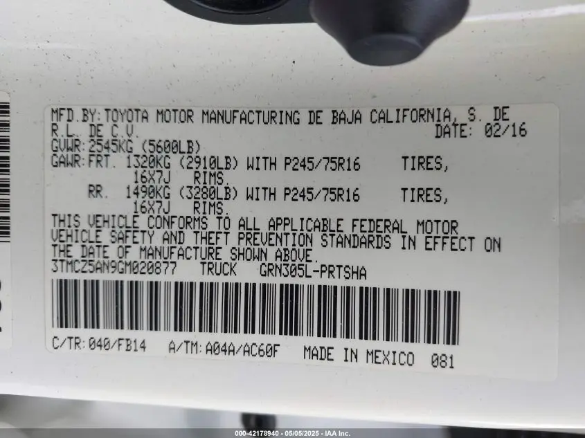 2016 TOYOTA TACOMA SR V6
