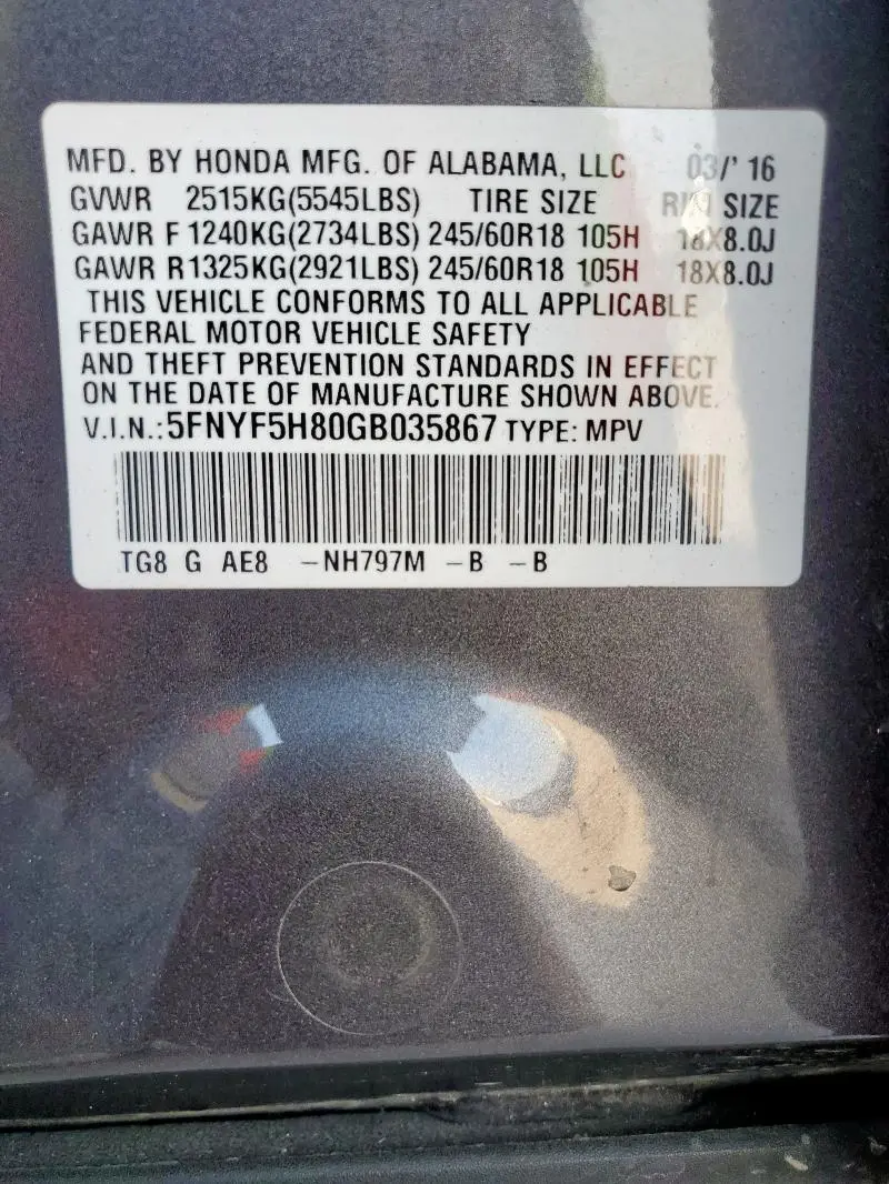 2016 HONDA PILOT EXL  
