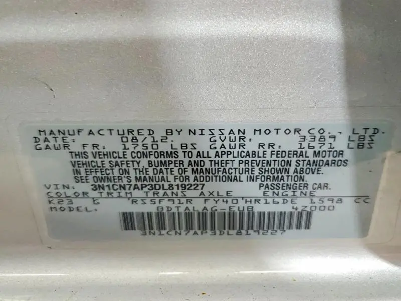 2013 NISSAN VERSA 1.6 S  