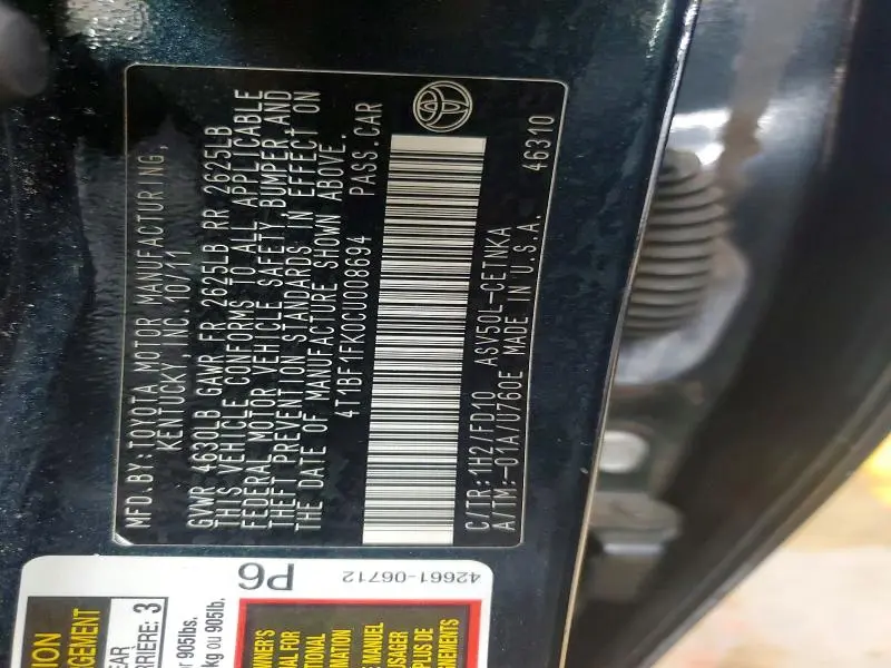 2012 TOYOTA CAMRY LE  