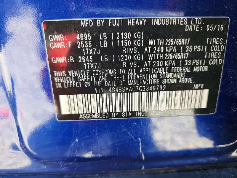 2016 SUBARU OUTBACK 2.5I  