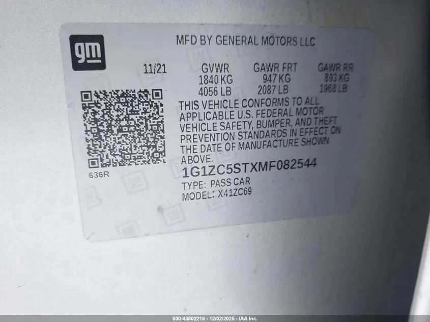 2021 CHEVROLET MALIBU FWD 1FL