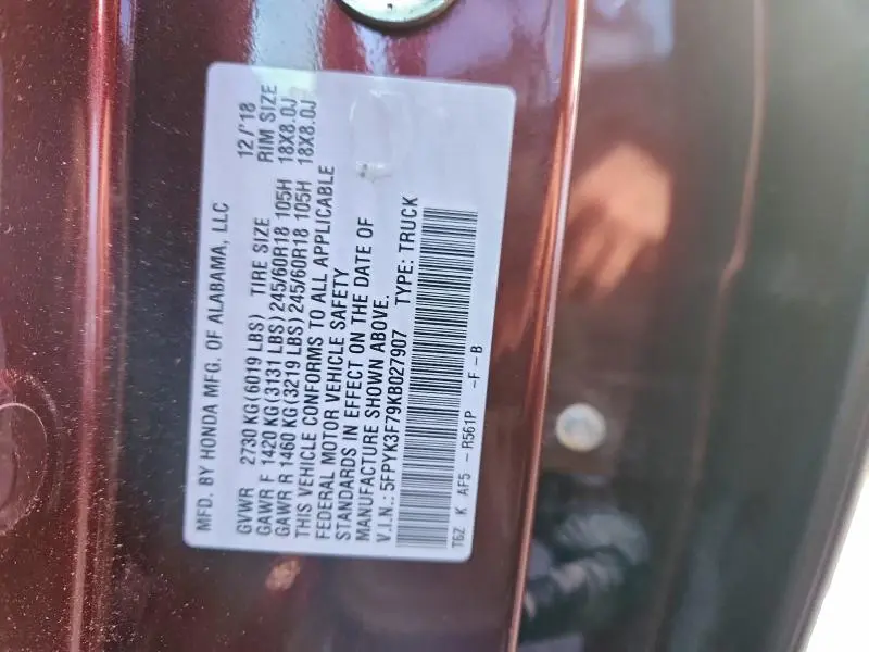 2019 HONDA RIDGELINE RTL  