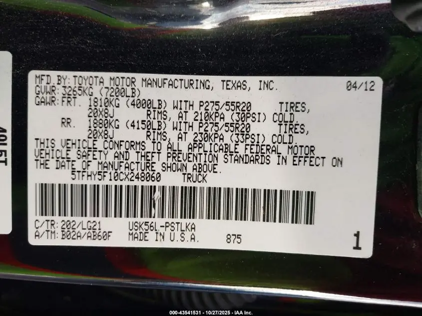 2012 TOYOTA TUNDRA LIMITED 5.7L V8