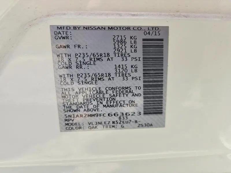 2015 NISSAN PATHFINDER S/SV/SL/PLATINUM  