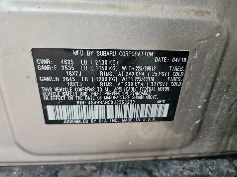 2018 SUBARU OUTBACK 2.5I LIMITED  