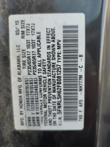 2015 HONDA ODYSSEY EXL  