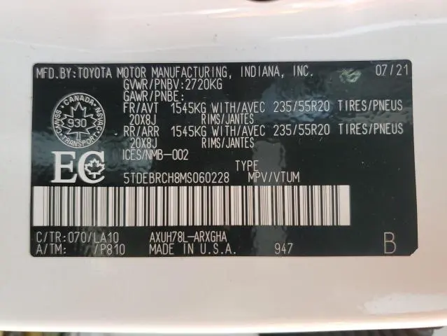 2021 TOYOTA HIGHLANDER HYBRID PLATINUM  