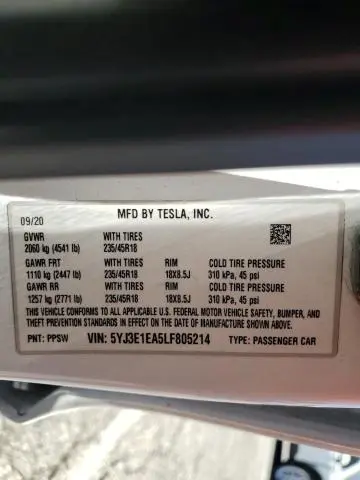 2020 TESLA MODEL 3   