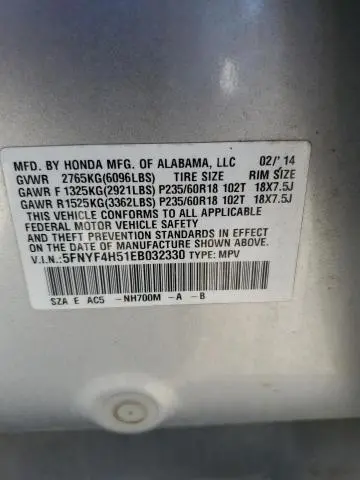 2014 HONDA PILOT EXL  