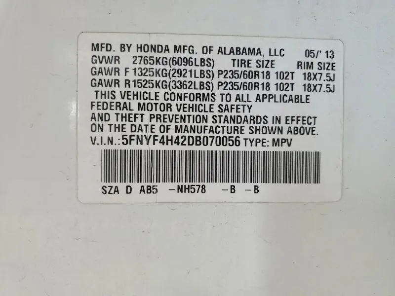 2013 HONDA PILOT EX  