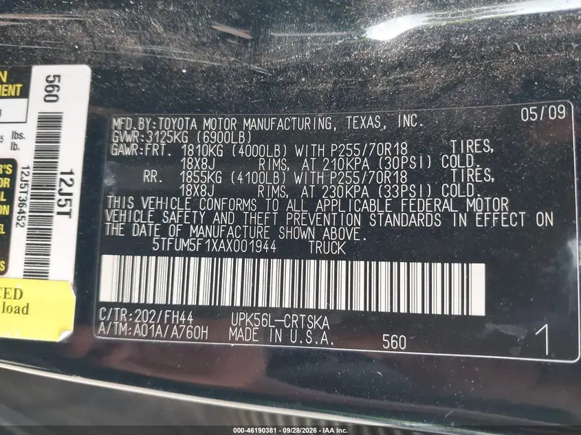 2010 TOYOTA TUNDRA 4WD TRUCK GRADE 4.6L V8 (A6)
