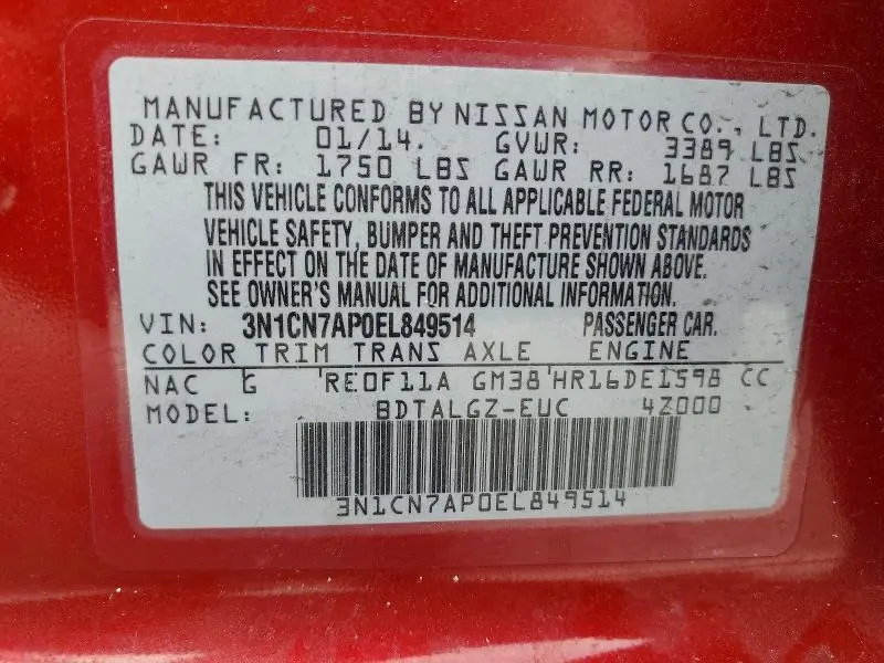 2014 NISSAN VERSA 1.6 SL  
