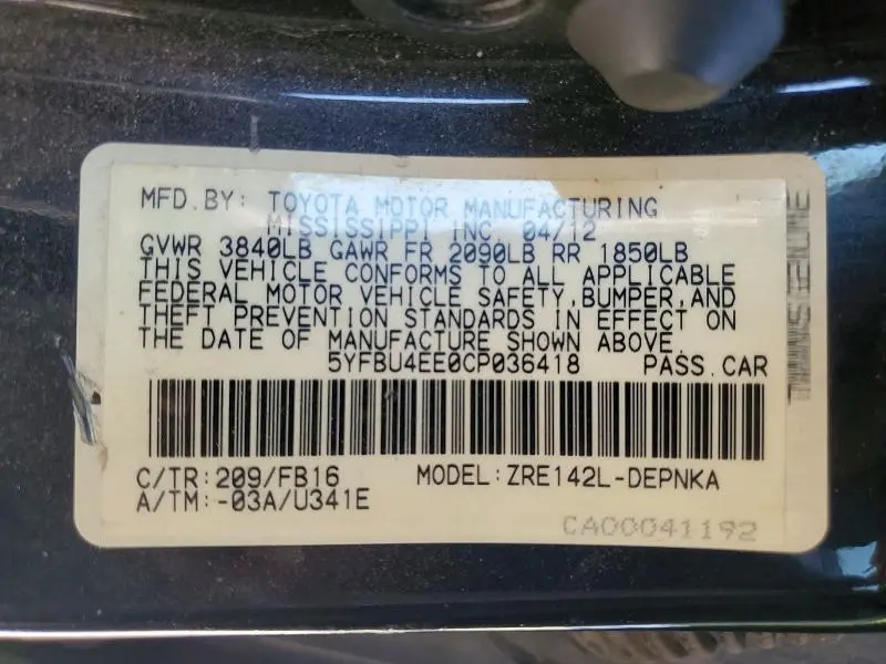 2012 TOYOTA COROLLA LE  