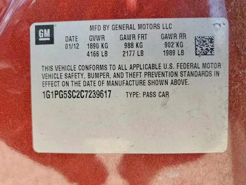 2012 CHEVROLET CRUZE LT  