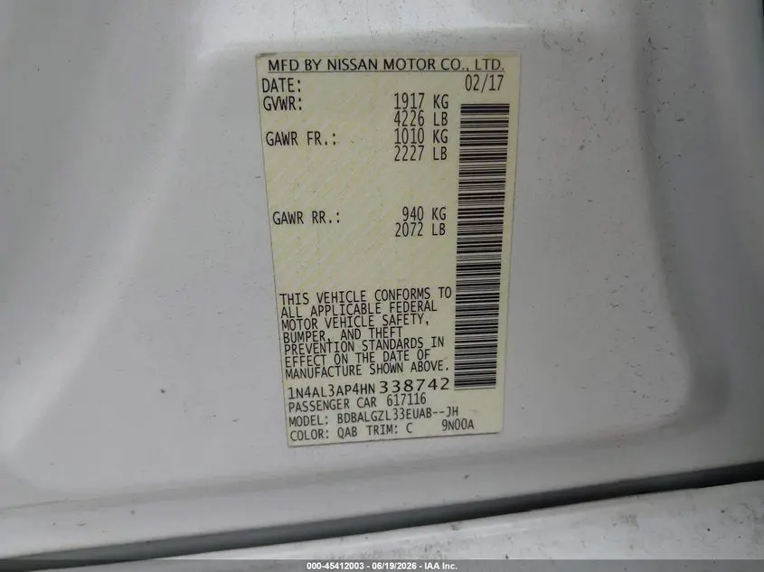 2017 NISSAN ALTIMA 2.5 S