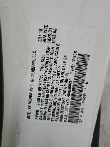 2019 HONDA RIDGELINE RTL  