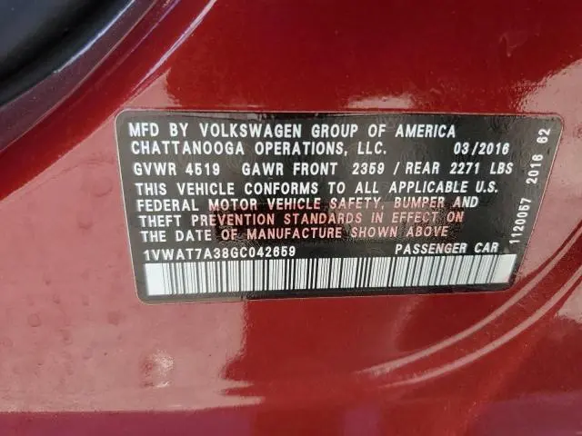 2016 VOLKSWAGEN PASSAT S  