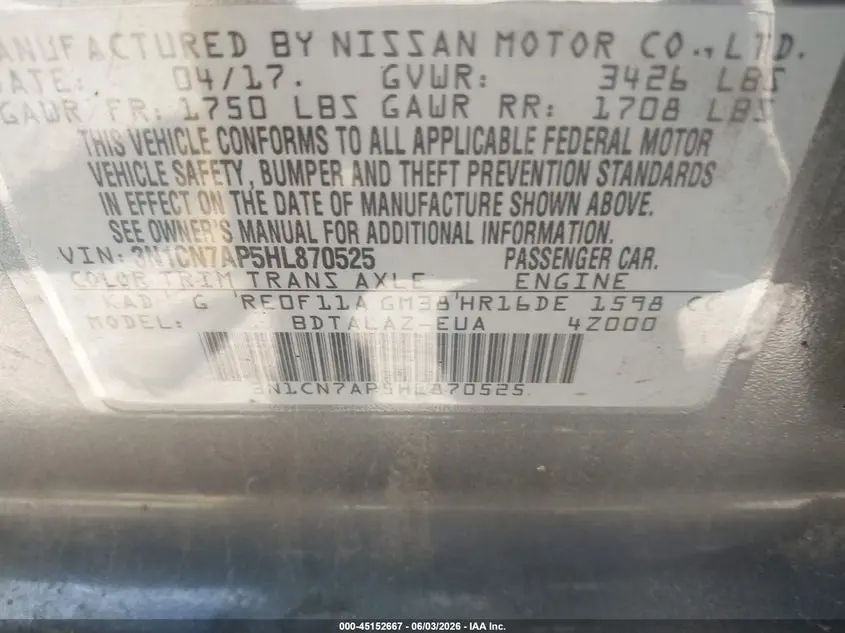 2017 NISSAN VERSA 1.6 S+