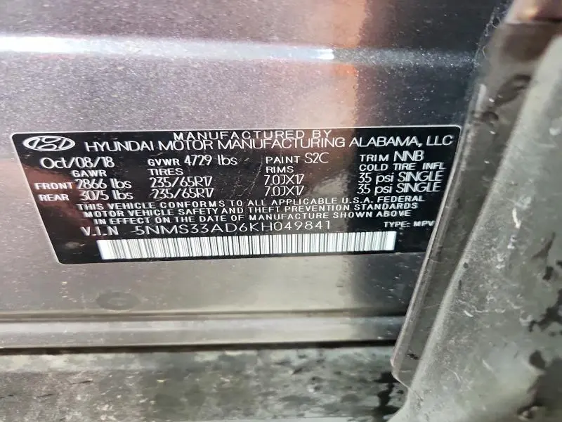 2019 HYUNDAI SANTA FE SEL 2.4L  