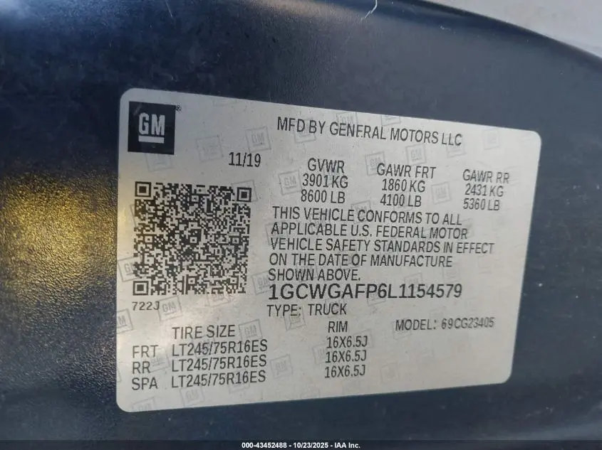 2020 CHEVROLET EXPRESS CARGO RWD 2500 REGULAR WHEELBASE WT