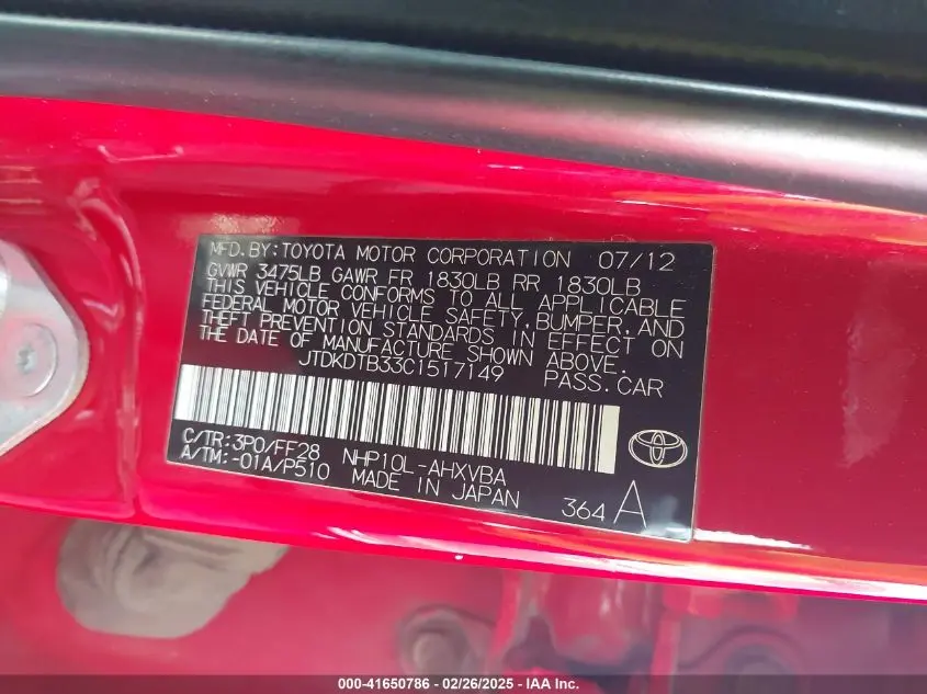 2012 TOYOTA PRIUS C TWO