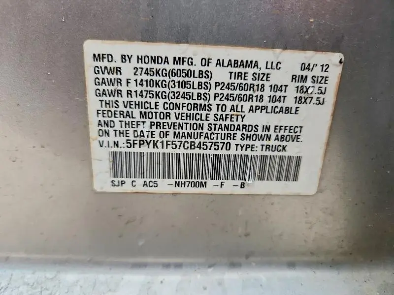 2012 HONDA RIDGELINE RTL  
