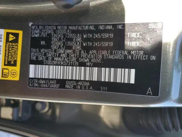 2019 TOYOTA HIGHLANDER LIMITED  