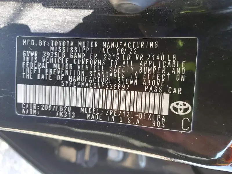 2022 TOYOTA COROLLA LE  