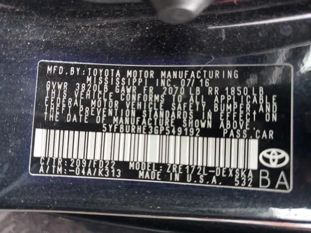2016 TOYOTA COROLLA L  
