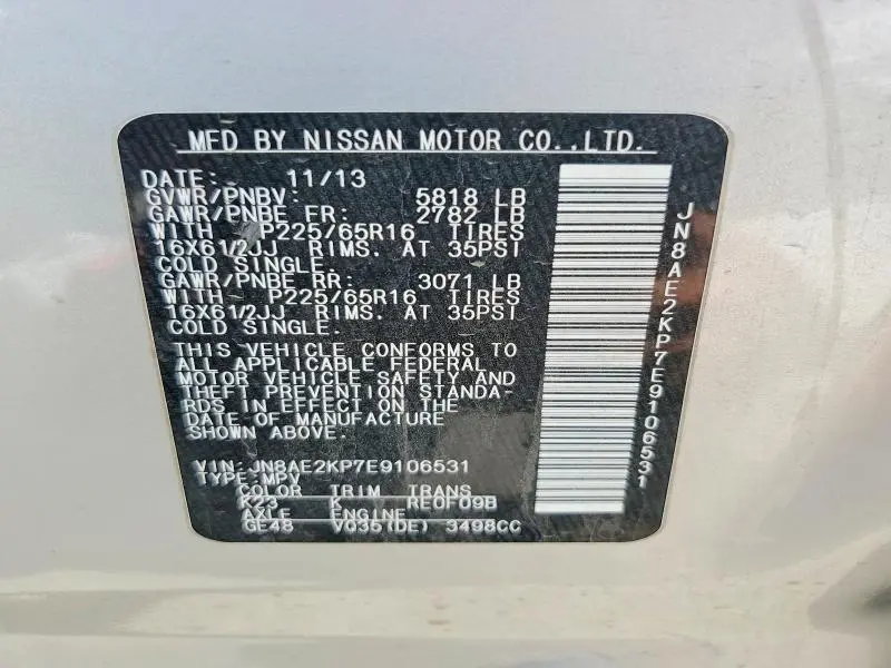 2014 NISSAN QUEST 3.5 S  