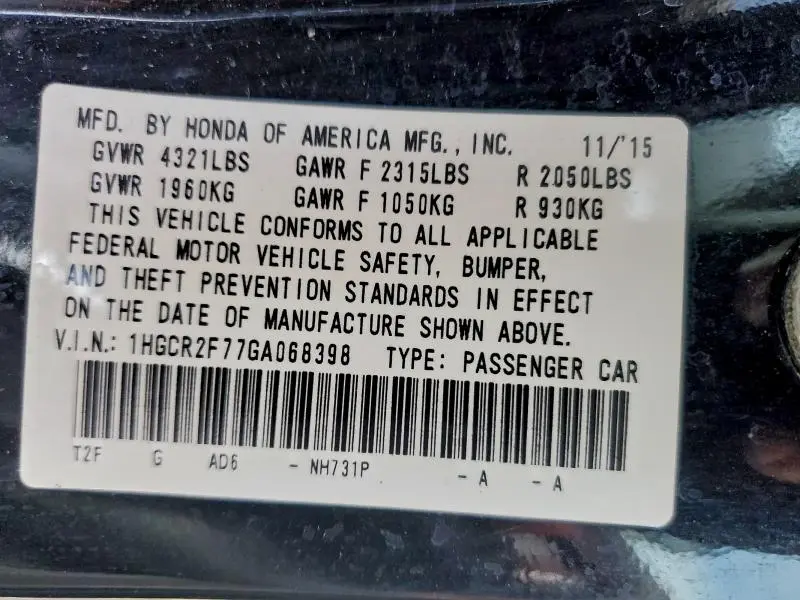 2016 HONDA ACCORD EX  