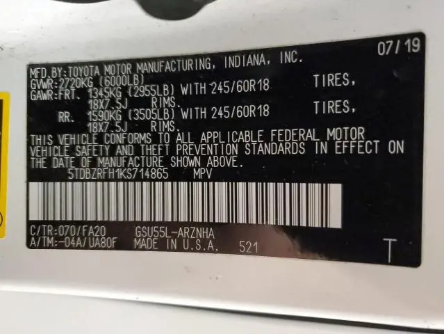 2019 TOYOTA HIGHLANDER LE  