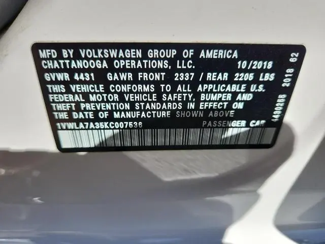 2019 VOLKSWAGEN PASSAT WOLFSBURG  