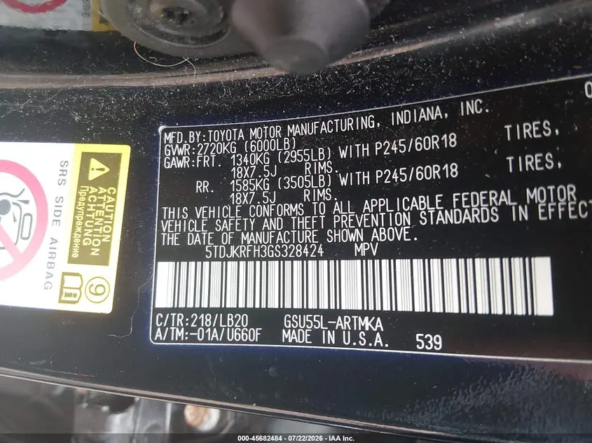 2016 TOYOTA HIGHLANDER XLE V6