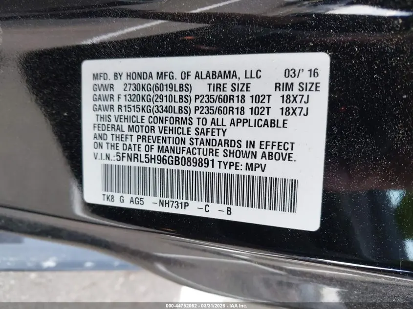 2016 HONDA ODYSSEY TOURING/TOURING ELITE