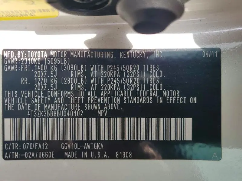 2011 TOYOTA VENZA FWD V6  