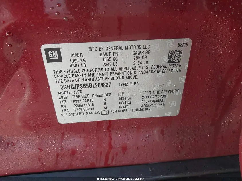 2016 CHEVROLET TRAX LT