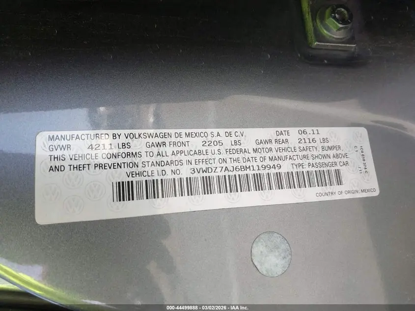 2011 VOLKSWAGEN JETTA 2.5L SE