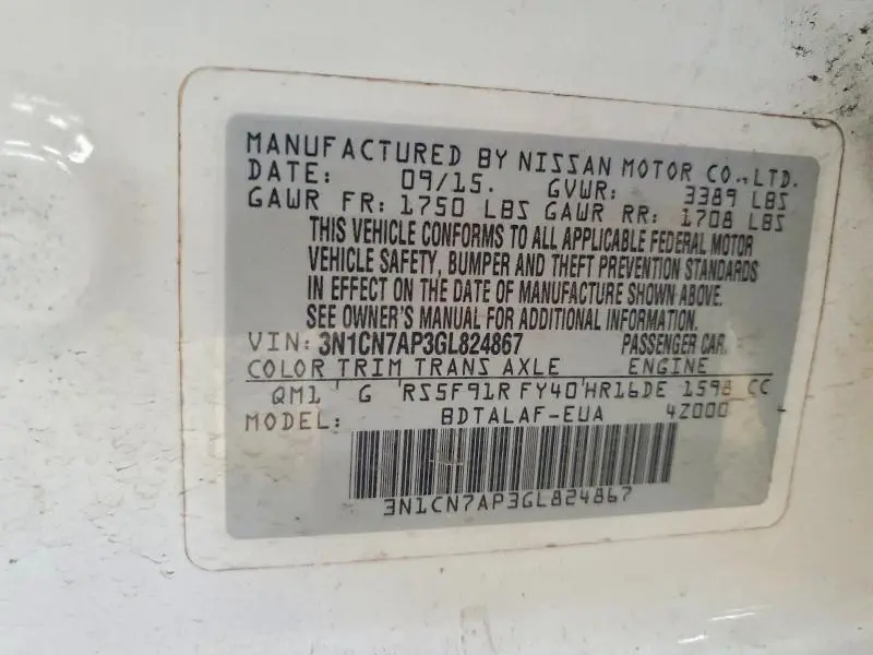 2016 NISSAN VERSA 1.6 S  