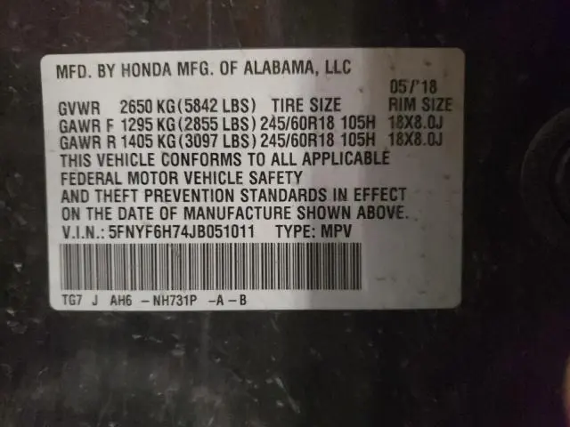 2018 HONDA PILOT EXLN  