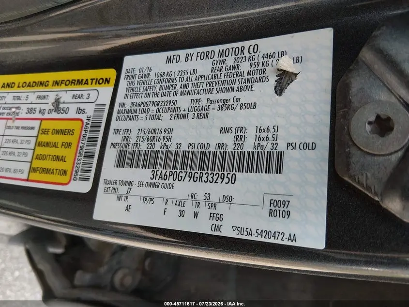 2016 FORD FUSION S