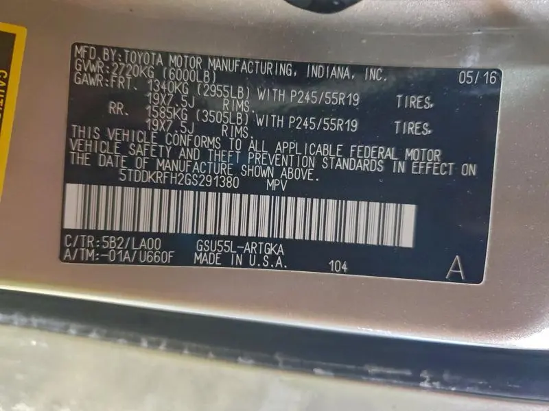 2016 TOYOTA HIGHLANDER LIMITED  