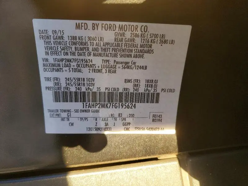 2015 FORD TAURUS POLICE INTERCEPTOR  