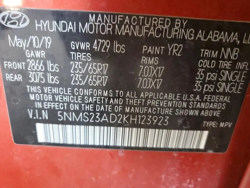 2019 HYUNDAI SANTA FE SE 2.4L  