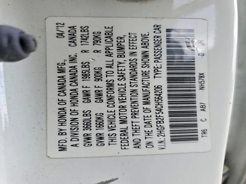 2012 HONDA CIVIC LX  
