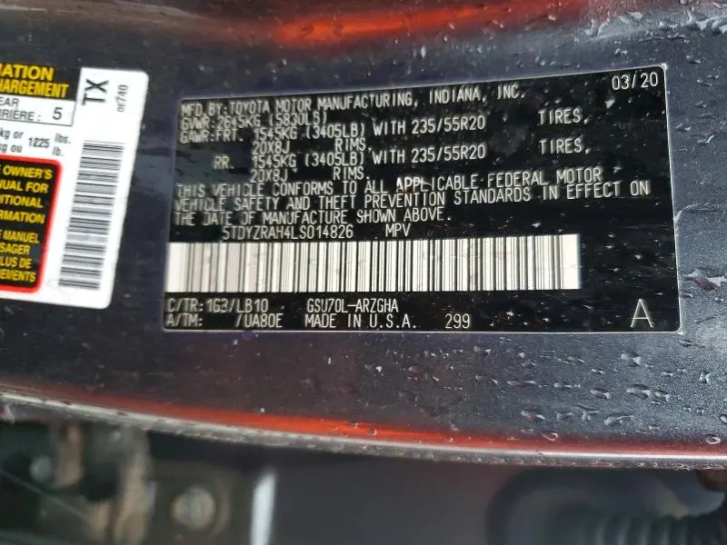 2020 TOYOTA HIGHLANDER LIMITED  